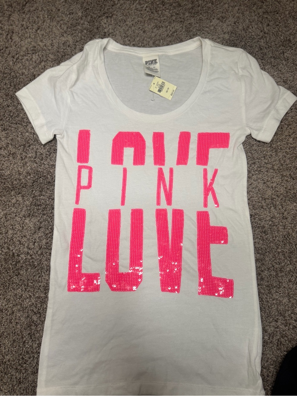 PINK Victoria's Secret White Tee with Neon Pink Sequin 'LOVE PINK' Graphic